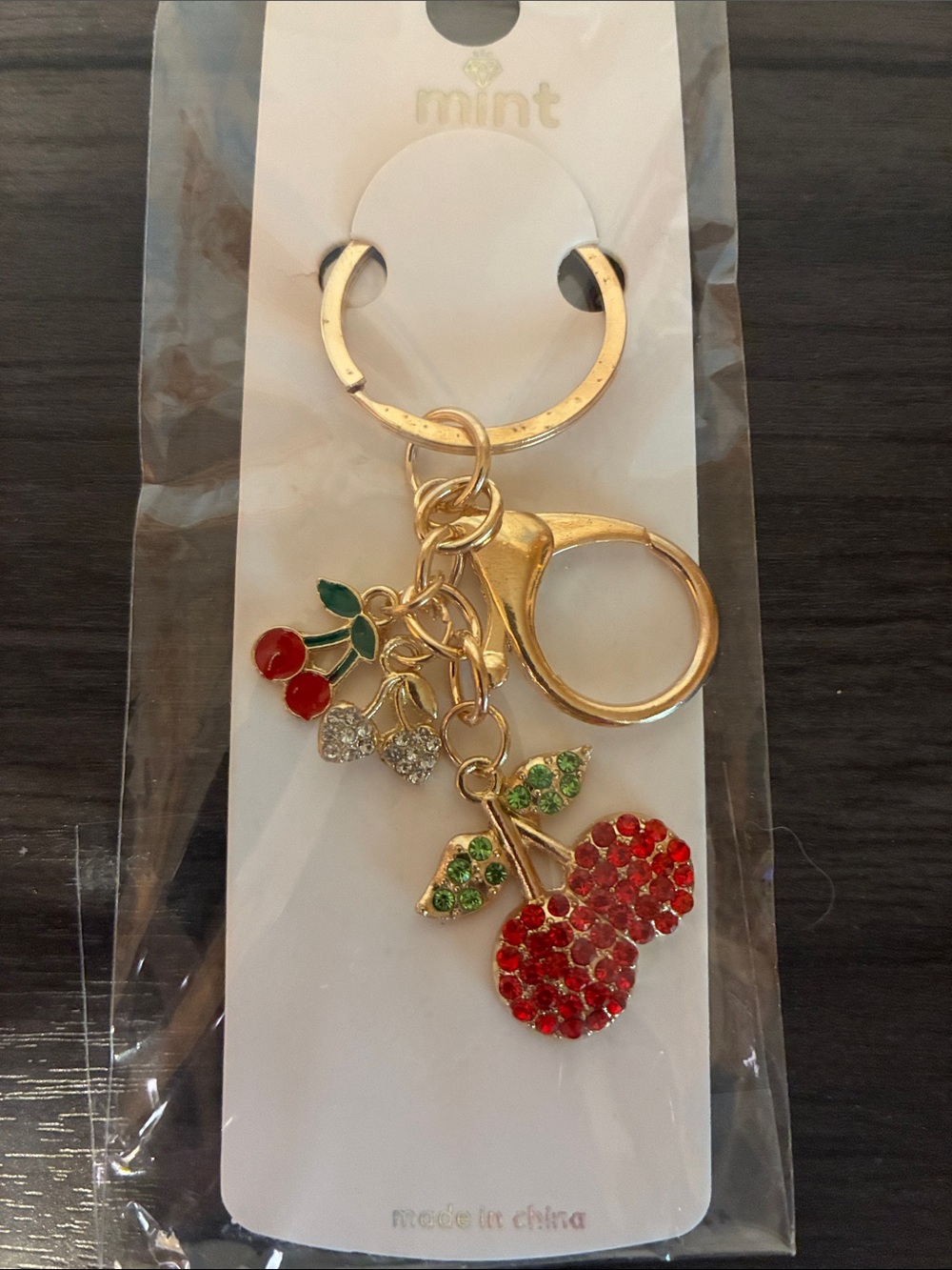Gold Cherry Crystal Keychain Rhinestone Charm Bag Clip Red Green - Picture 4 of 5